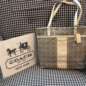 Coach signature stripe Jacquard Blue and Cream Patterned Tote